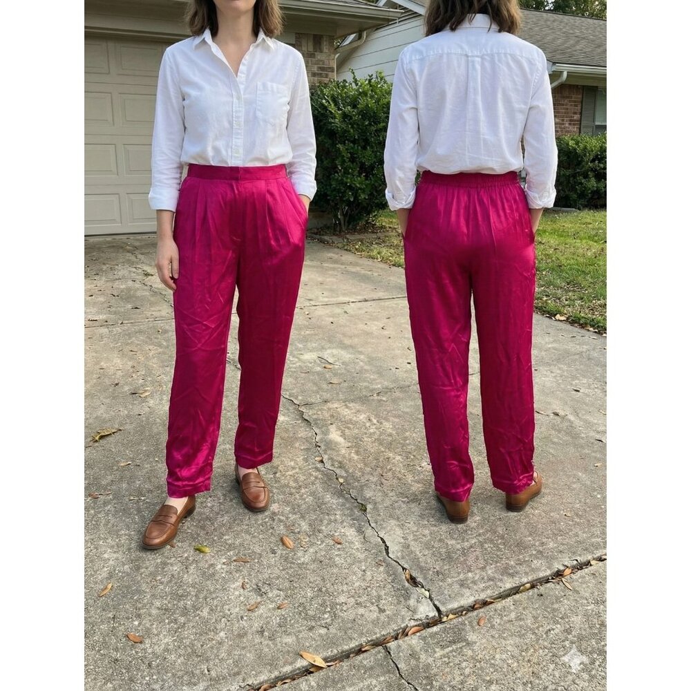 Rafaella 100% Silk Pink Pleated Pants Trousers Size 10 Fuchsia Magenta High Rise